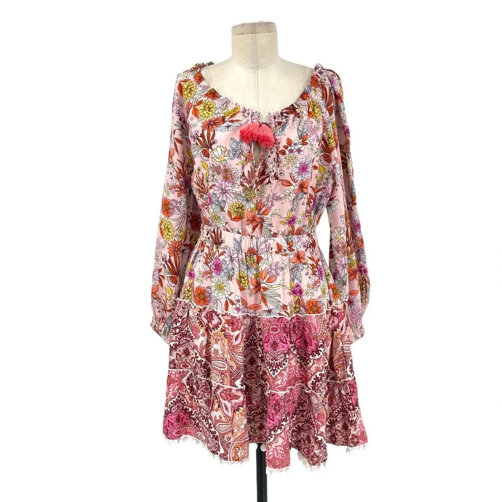 Celina Moon Pom Pom Trim Mini Dress Pink Floral Paisley‎ Print Size Medium